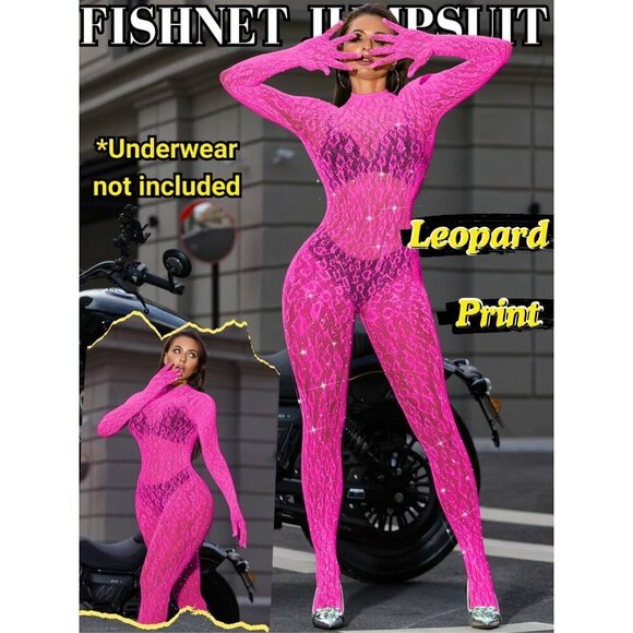 🆕Women Pink Sexy Lace Jumpsuit Leopard Fishnet Bodysuit Outfits Mesh Lingerie - Picture 2 of 7